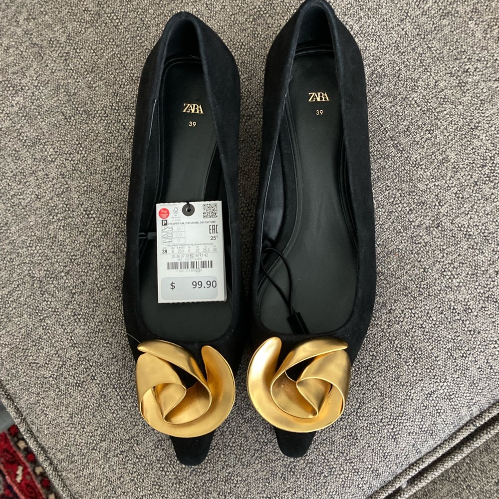 Zara Black Flats with Gold Rosette Accent